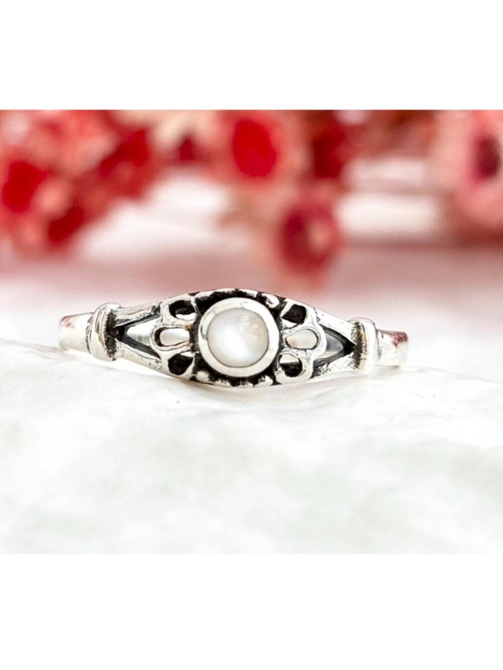 Minimalist Moonstone Floral Solitaire Sterling Silver 925 Vintage Ring - sz 6.75